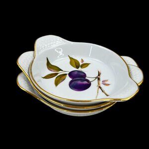 Royal Worcester 3 Oval Au Gratin Porcelain Dishes Plums Gold Rim 5.5" England